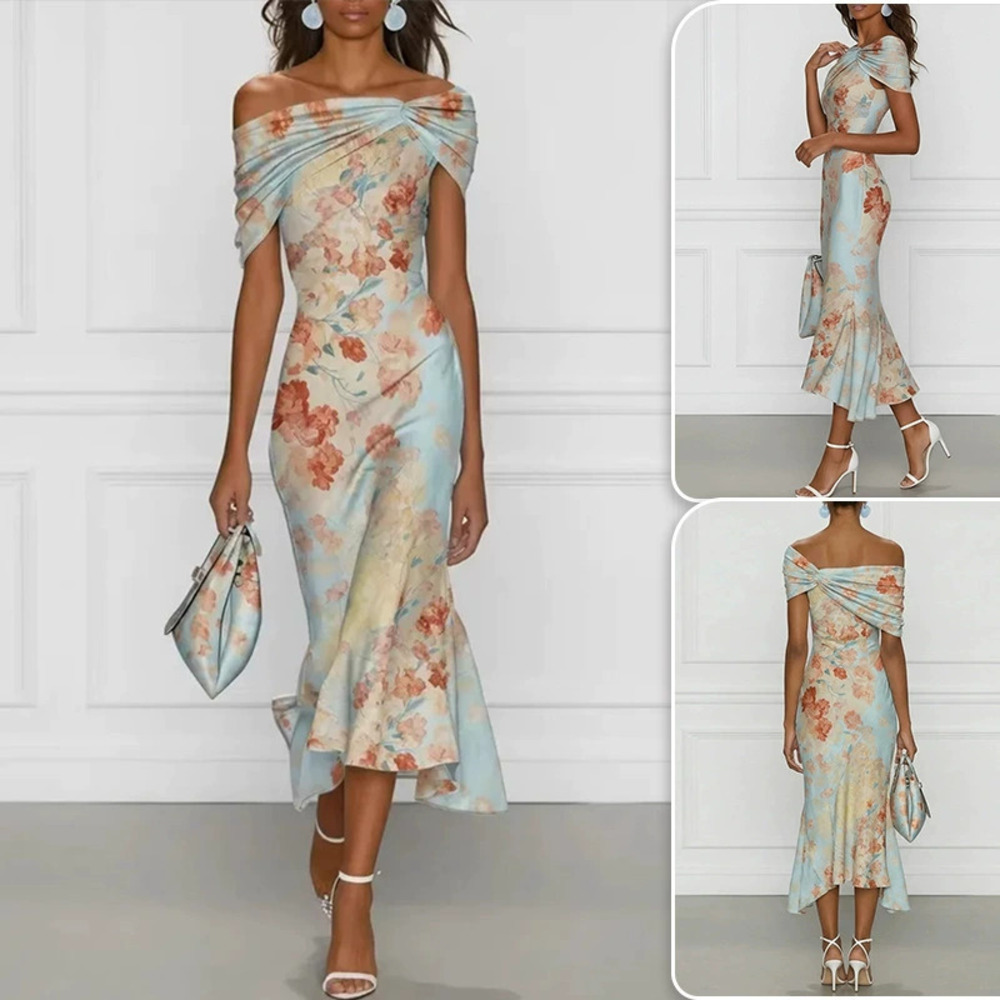 H&M Elegant Fitted Waist Autumn Off Shoulder Printed Fishtail Dress
